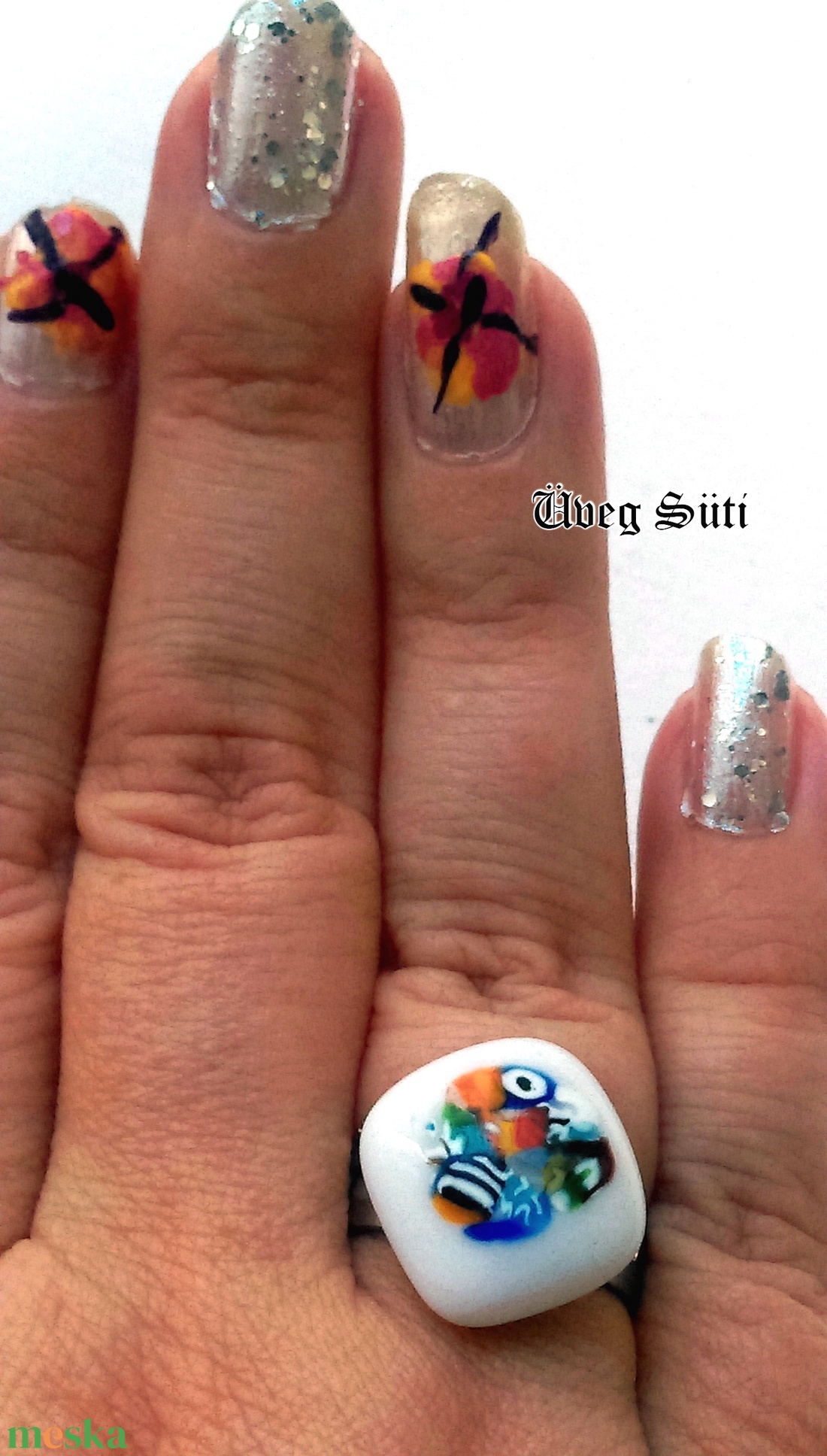 Fehér festmény gyűrű üvegékszer, muránói üveg, ajándék szülinapra - ékszer - gyűrű - figurális gyűrű - Meska.hu