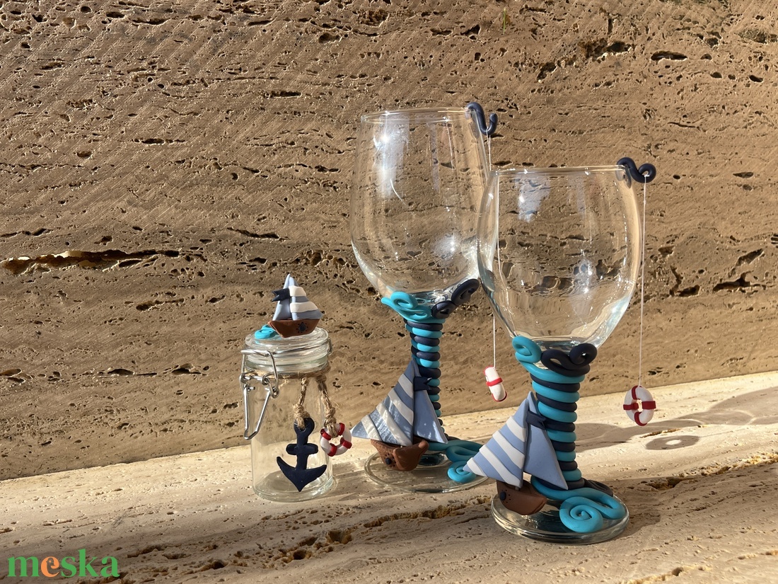 Kézzel díszített hajós borospohár - otthon & életmód - konyhafelszerelés, tálalás - tálalás - boros poharak, szettek - Meska.hu