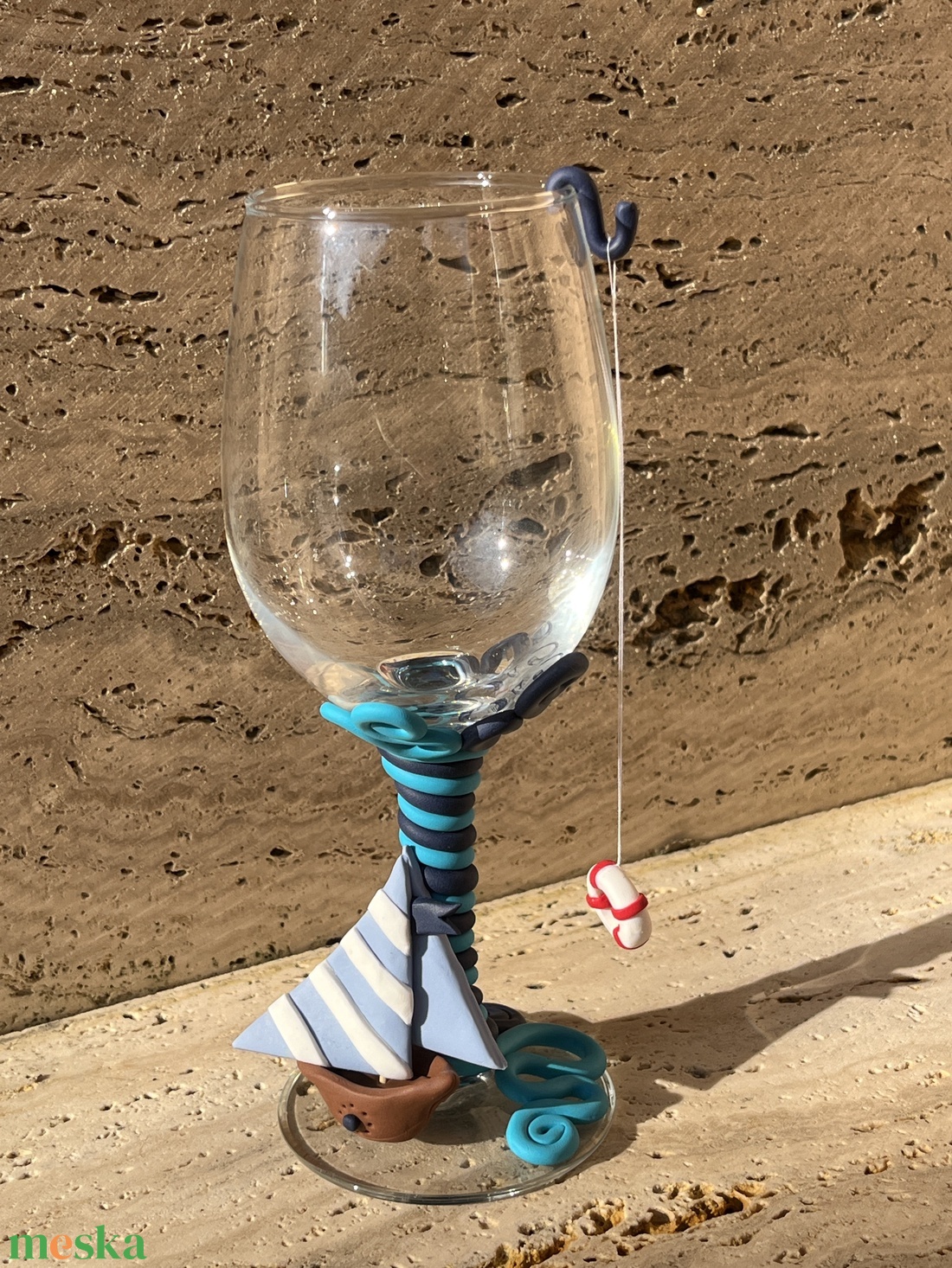 Kézzel díszített hajós borospohár - otthon & életmód - konyhafelszerelés, tálalás - tálalás - boros poharak, szettek - Meska.hu