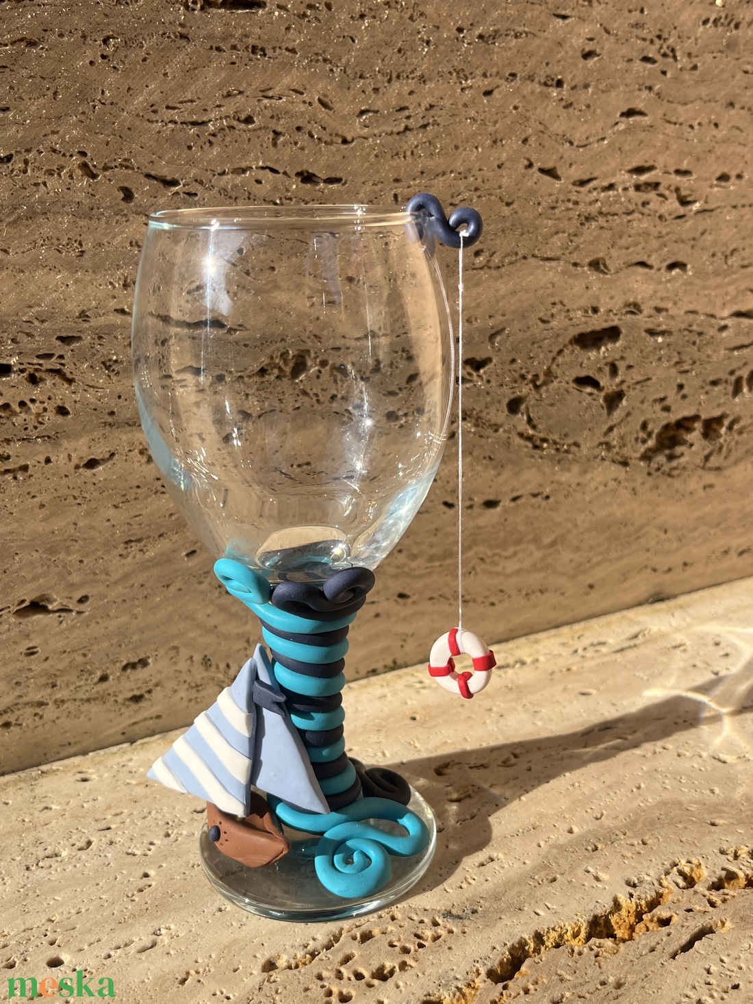 Kézzel díszített hajós borospohár - otthon & életmód - konyhafelszerelés, tálalás - tálalás - boros poharak, szettek - Meska.hu