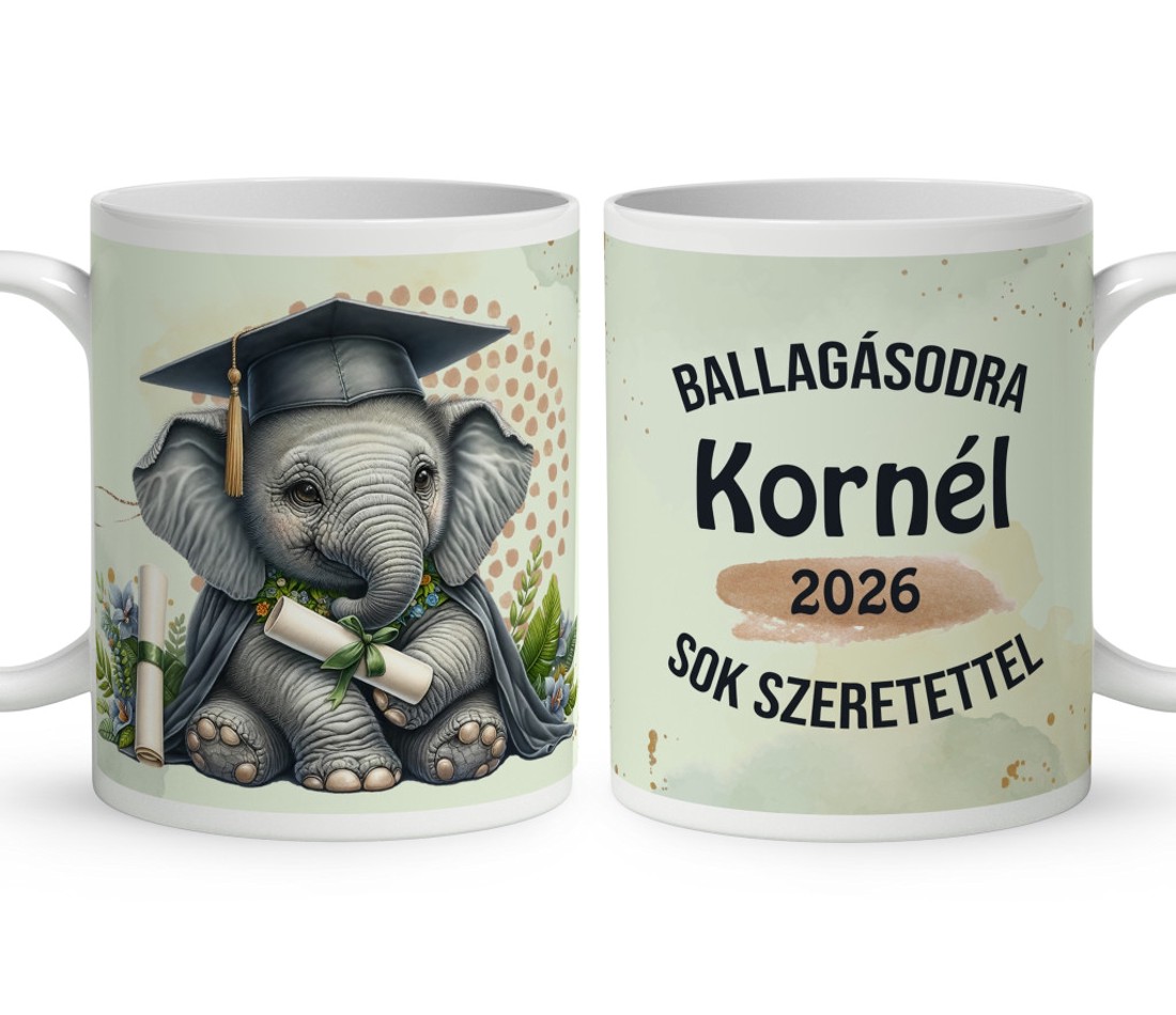 Névvel kérhető Elefánt - 2026 évi Ballagásra mintás bögre - otthon & életmód - konyhafelszerelés, tálalás - tálalás - bögre & csésze - Meska.hu
