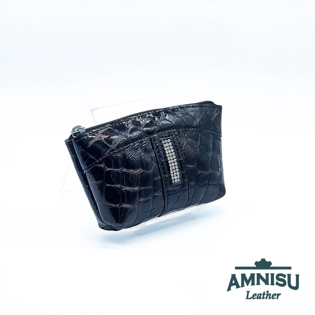 Sötétbarna lakk krokkómintás egy cipzáras egyenes swarovski köves kulcstartó E9019 -  - Meska.hu