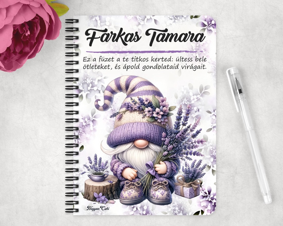 Személyre szabható - Kedves Levendulás manó mintás A5-ös füzet - otthon & életmód - papír, írószer - jegyzetfüzet & napló - Meska.hu