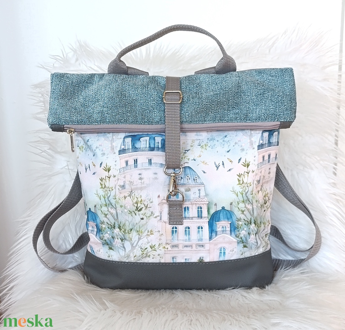 Rolltop hátizsák elején város mintával  - táska & tok - hátizsák - roll top hátizsák - Meska.hu