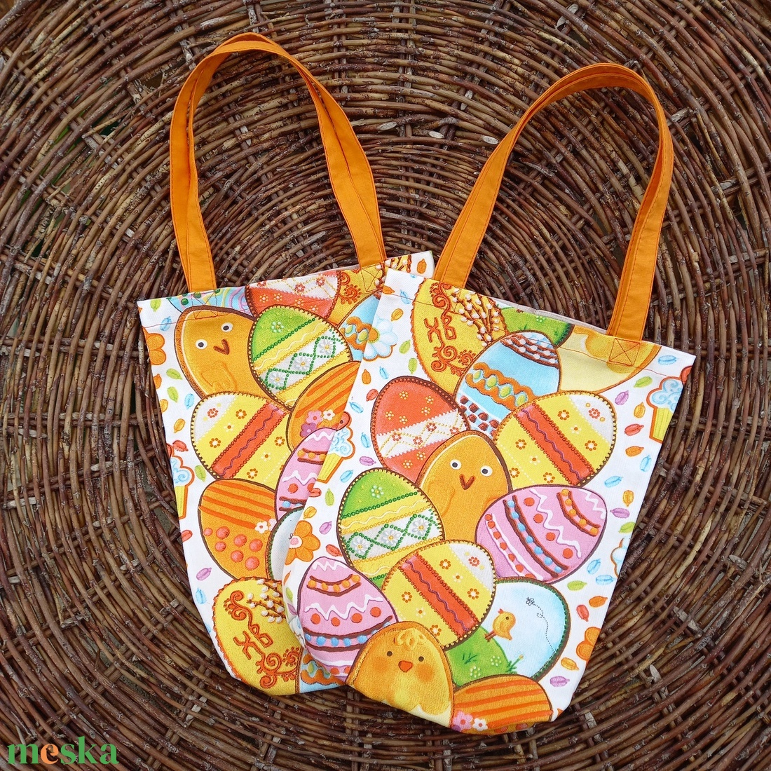 Színes húsvéti textiltáska narancssárga füllel, 24x31cm  - táska & tok - bevásárlás & shopper táska - shopper, textiltáska, szatyor - Meska.hu