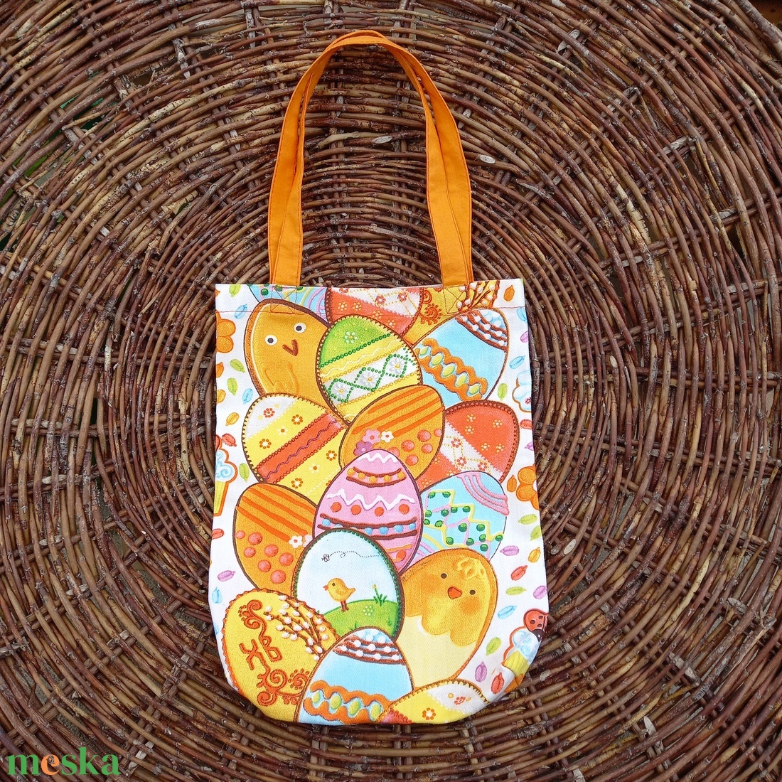 Színes húsvéti textiltáska narancssárga füllel, 24x31cm  - táska & tok - bevásárlás & shopper táska - shopper, textiltáska, szatyor - Meska.hu
