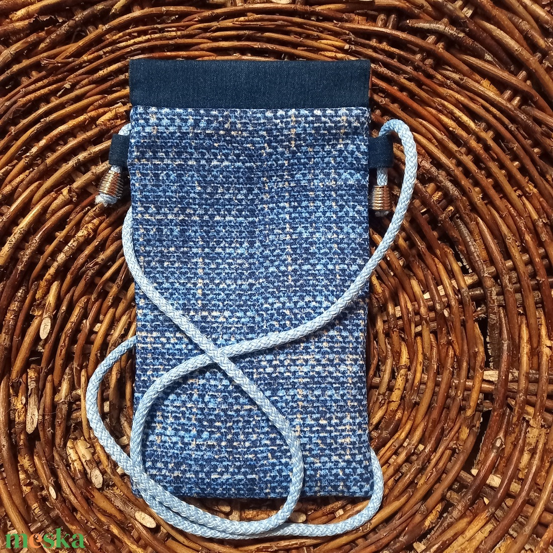 Farmerkék zsákmintás mobiltok átlátszó zsebbel, 12x20cm, pikk-pakk zárral - táska & tok - pénztárca & más tok - telefontok - Meska.hu