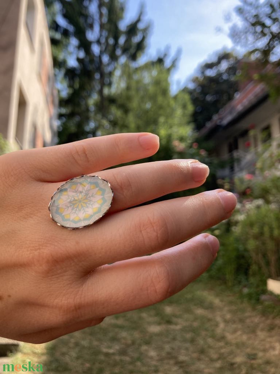 Sárga-világoskék hópehely mandala gyűrű - ékszer - gyűrű - üveglencsés gyűrű - Meska.hu Sárga-világoskék hópehely mandala gyűrű - ékszer - gyűrű - üveglencsés gyűrű - Meska.hu