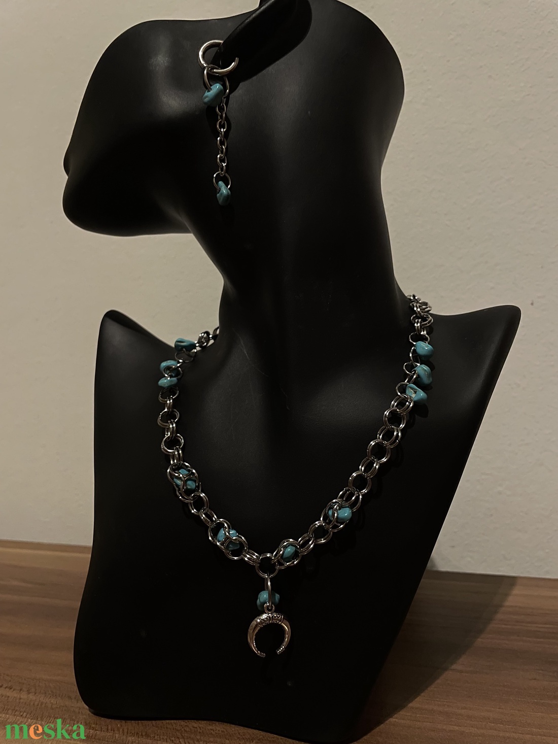 Türkiz köves rozsdamentes acél nyaklánc és fülbevaló szett � állítható, kézzel készült - ékszer - ékszerszett - Meska.hu