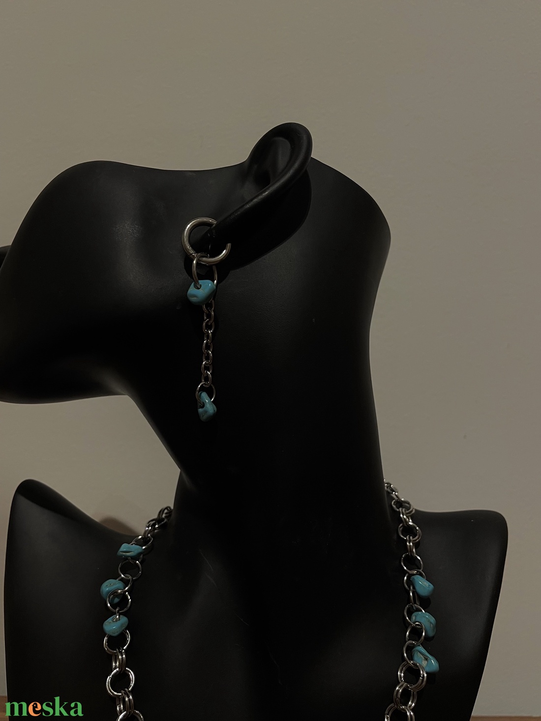 Türkiz köves rozsdamentes acél nyaklánc és fülbevaló szett � állítható, kézzel készült - ékszer - ékszerszett - Meska.hu