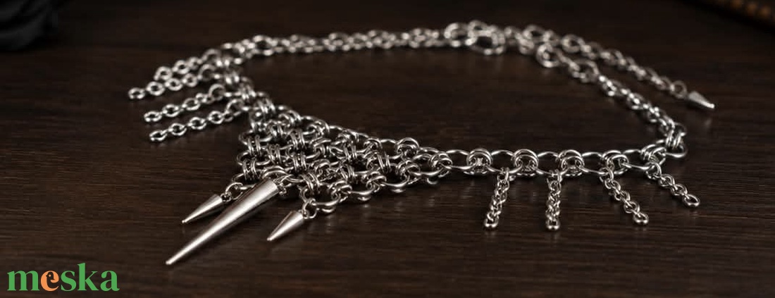 Rozsdamentes acélGótikus ezüst színű láncos choker � tüskés statement nyaklánc, állítható méret - ékszer - ékszerszett - Meska.hu