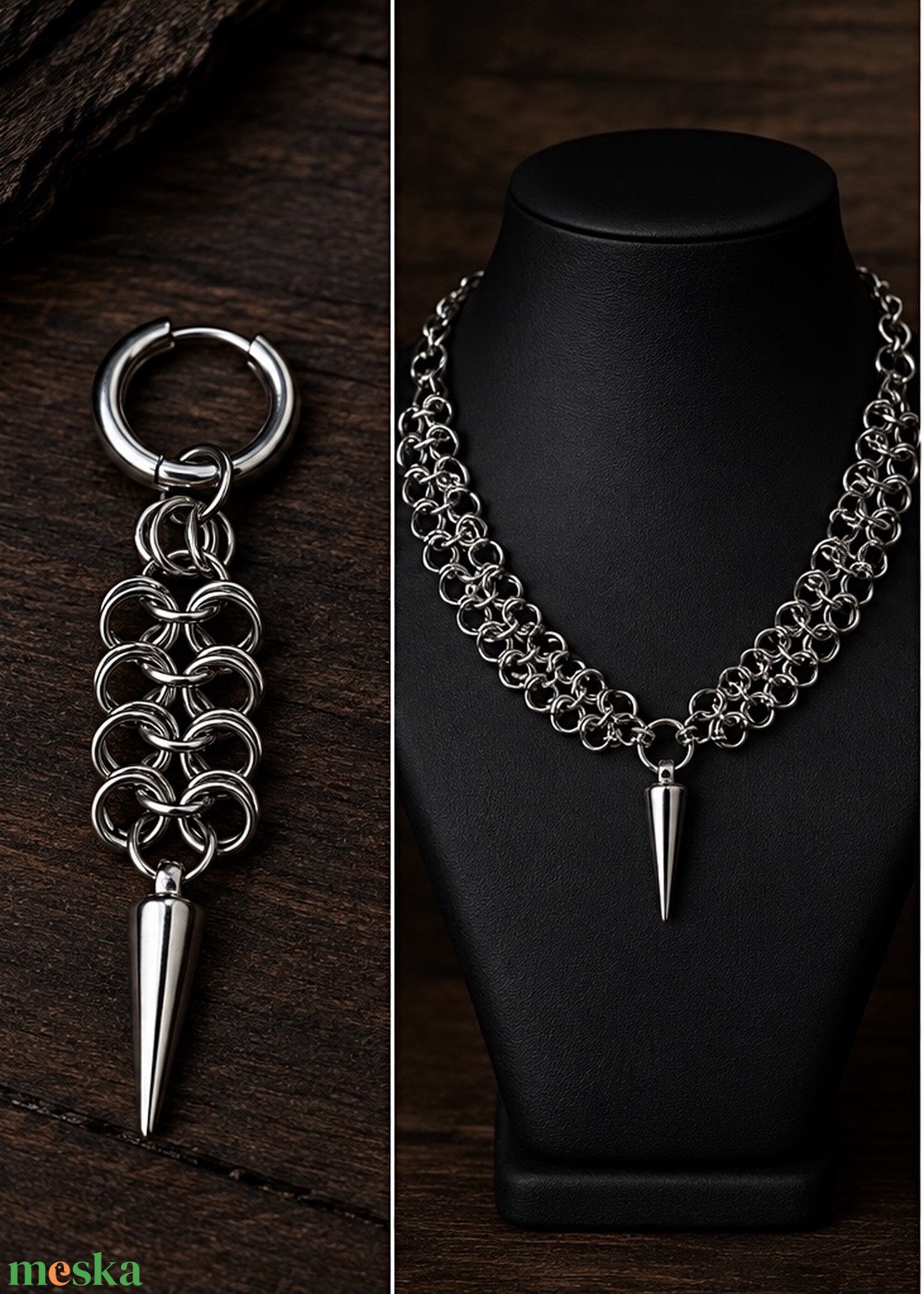 Rozsdamentes acél Chainmail szett � tüskés nyaklánc és fülbevaló - ékszer - ékszerszett - Meska.hu