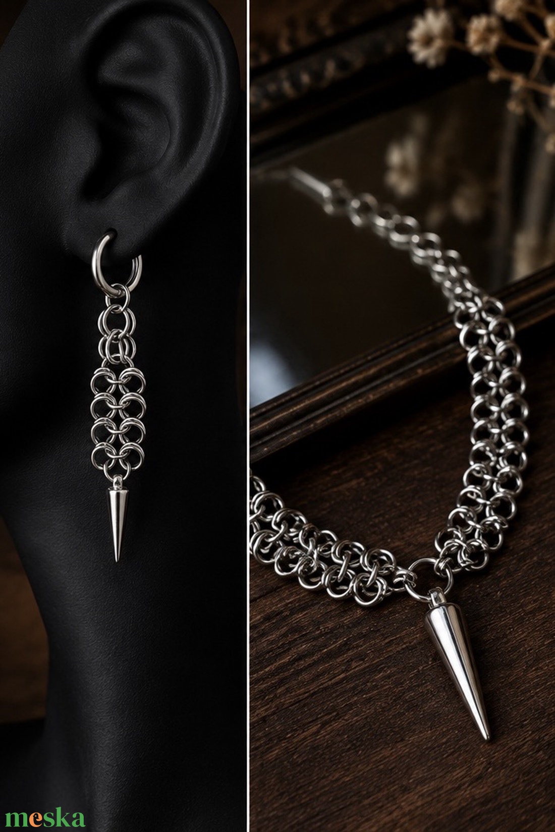 Rozsdamentes acél Chainmail szett � tüskés nyaklánc és fülbevaló - ékszer - ékszerszett - Meska.hu