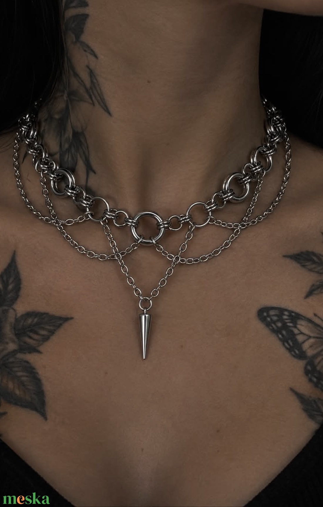 Gothic réteges rozsdamentes acél nyaklánc ezüst tüskével - ékszer - ékszerszett - Meska.hu