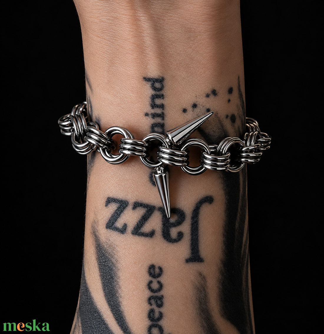 Punk stílusú rozsdamentes acél tüskés lánckarkötő - ékszer - ékszerszett - Meska.hu