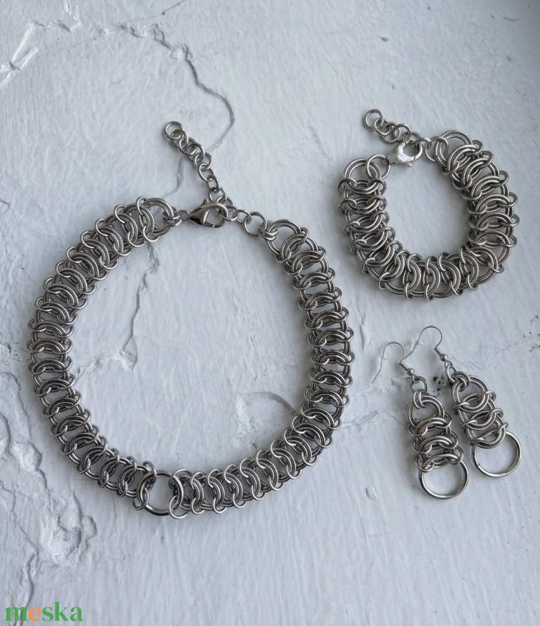 Extravagáns Nemesacél Chainmaille Ékszerszett � Kézzel Készített Láncing Nyaklánc, Karkötő és Fülbevaló - ékszer - ékszerszett - Meska.hu