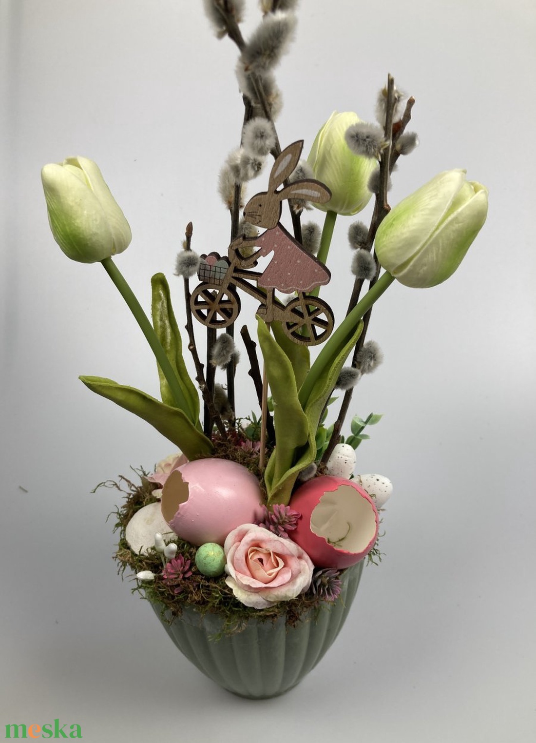 Almazöld tulipános, igazi tojásos, mohás tartós asztaldísz  - otthon & lakás - dekoráció - asztal és polc dekoráció - asztaldísz - Meska.hu