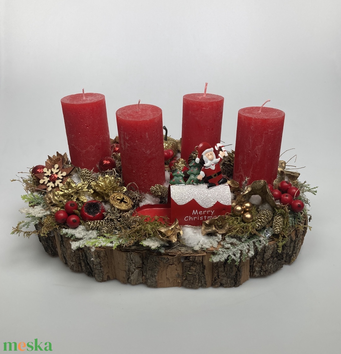 Merry Christmas feliratú postaládával ékített, piros  gyertyás, adventi asztaldísz gazdagon díszítve (AW10) - karácsony - adventi díszek - adventi asztaldísz - Meska.hu