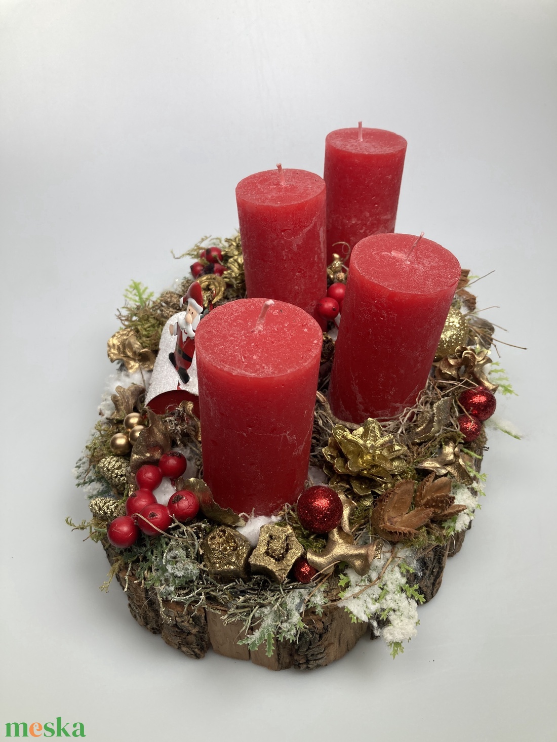 Merry Christmas feliratú postaládával ékített, piros  gyertyás, adventi asztaldísz gazdagon díszítve (AW10) - karácsony - adventi díszek - adventi asztaldísz - Meska.hu