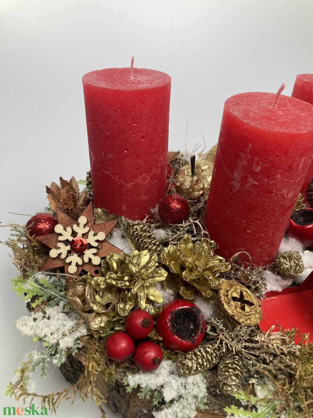 Merry Christmas feliratú postaládával ékített, piros  gyertyás, adventi asztaldísz gazdagon díszítve (AW10) - karácsony - adventi díszek - adventi asztaldísz - Meska.hu