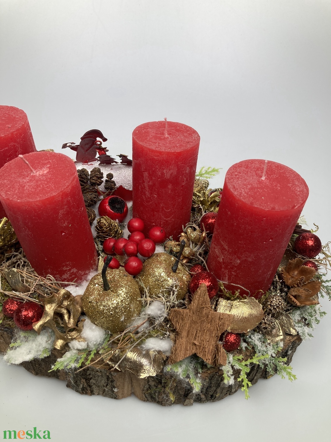 Merry Christmas feliratú postaládával ékített, piros  gyertyás, adventi asztaldísz gazdagon díszítve (AW10) - karácsony - adventi díszek - adventi asztaldísz - Meska.hu