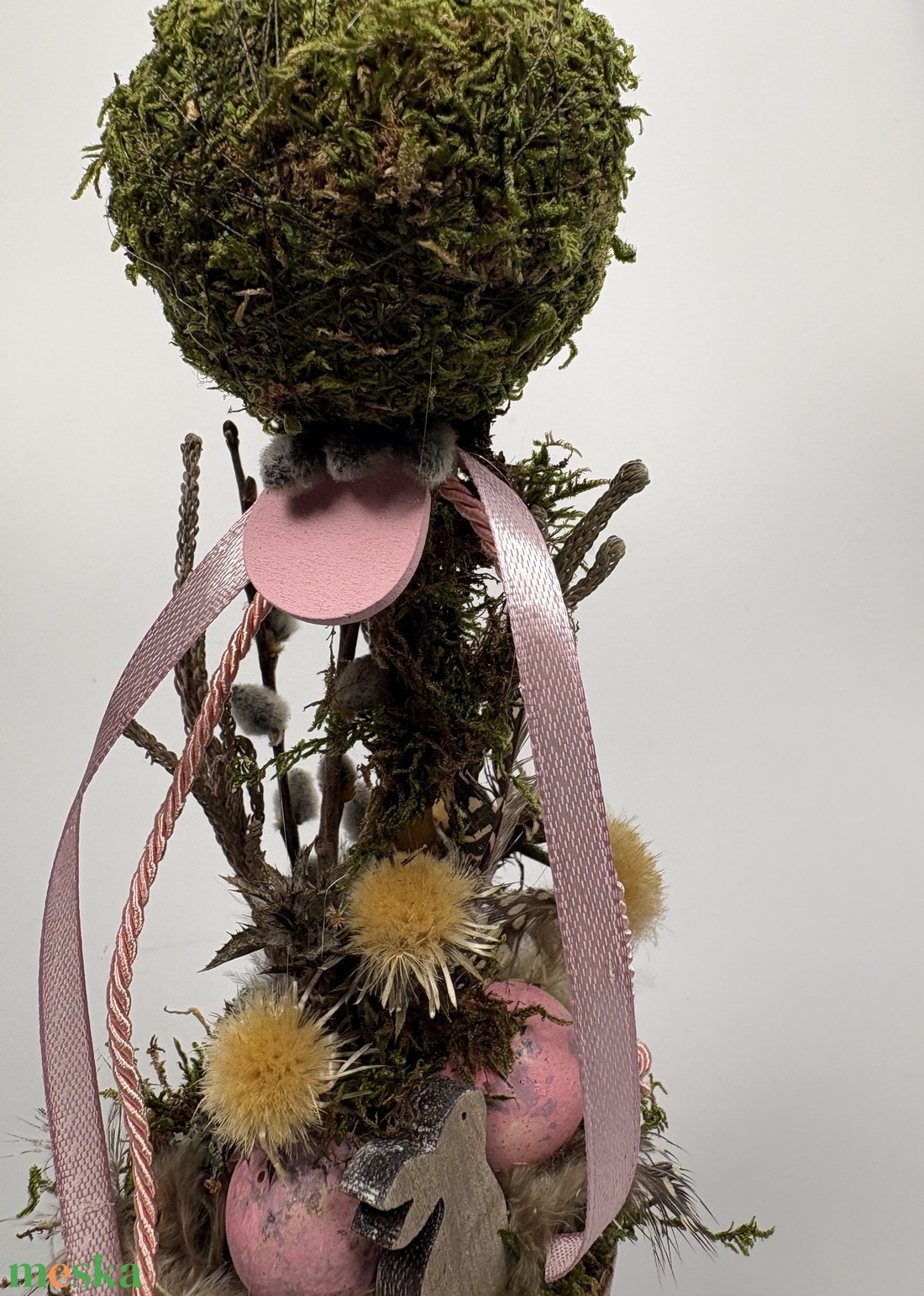 Tavaszváró, két rózsaszín fürjtojásos, gömbfácskás asztaldísz szürke-mézbarna kaspóban, növényi részekkel (TS-03)  - otthon & életmód - dekoráció - asztal és polc dekoráció - asztaldísz - Meska.hu