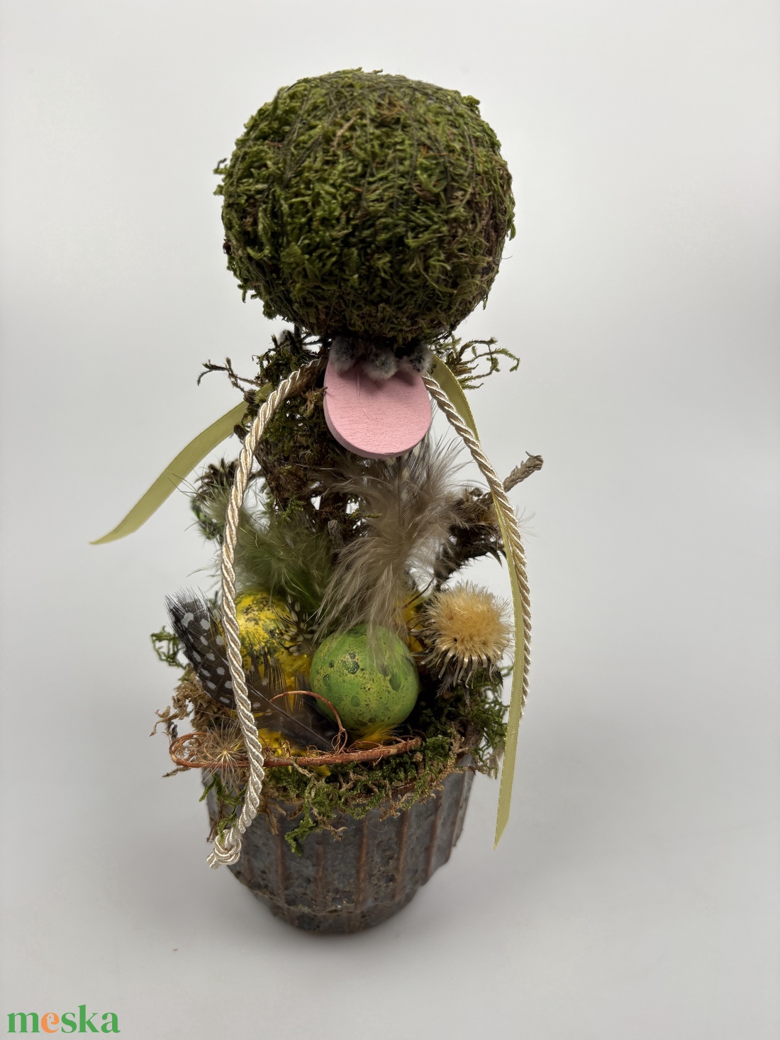 Tavaszváró, két fürjtojásos, gömbf5cskás asztaldísz szürke-mézbarna kaspóban, növényi részekkel (TS-05)  - otthon & életmód - dekoráció - asztal és polc dekoráció - asztaldísz - Meska.hu