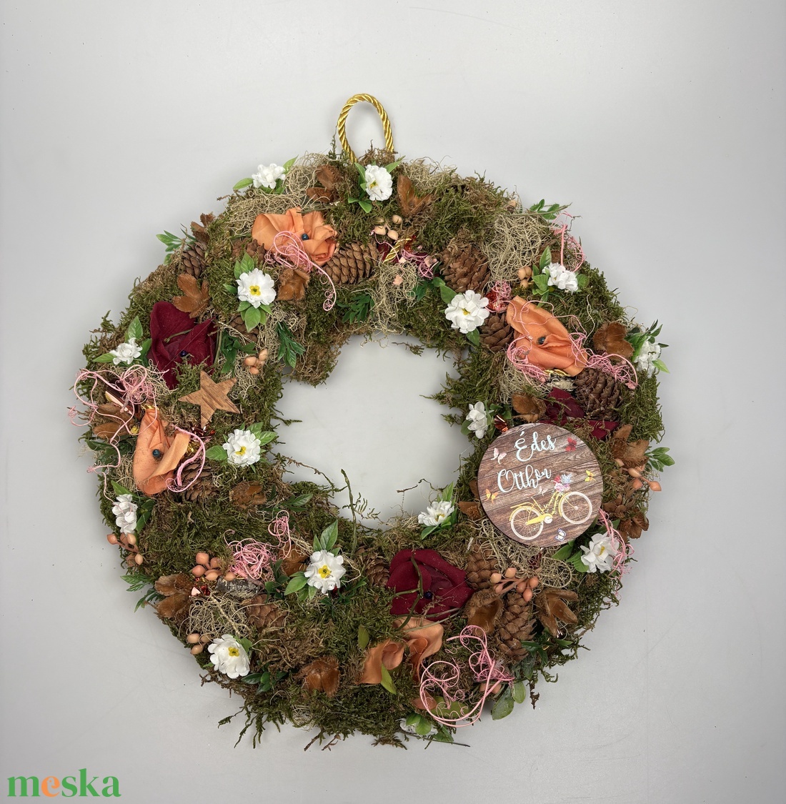 Villantós.4 - Pehelykönnyű ajtódísz napfényben megcsillanó rosegold elemekkel és barna Édes Otthon fatáblácskával - otthon & életmód - dekoráció - ajtó- és ablak dekoráció - ajtódísz & kopogtató - Meska.hu