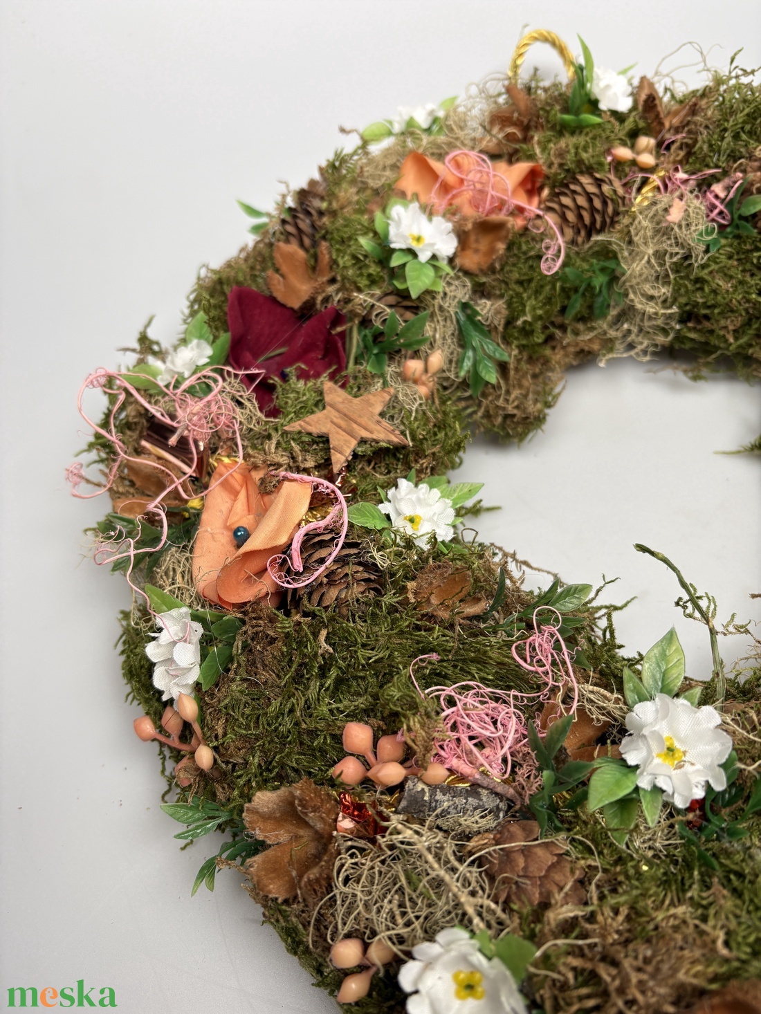 Villantós.4 - Pehelykönnyű ajtódísz napfényben megcsillanó rosegold elemekkel és barna Édes Otthon fatáblácskával - otthon & életmód - dekoráció - ajtó- és ablak dekoráció - ajtódísz & kopogtató - Meska.hu