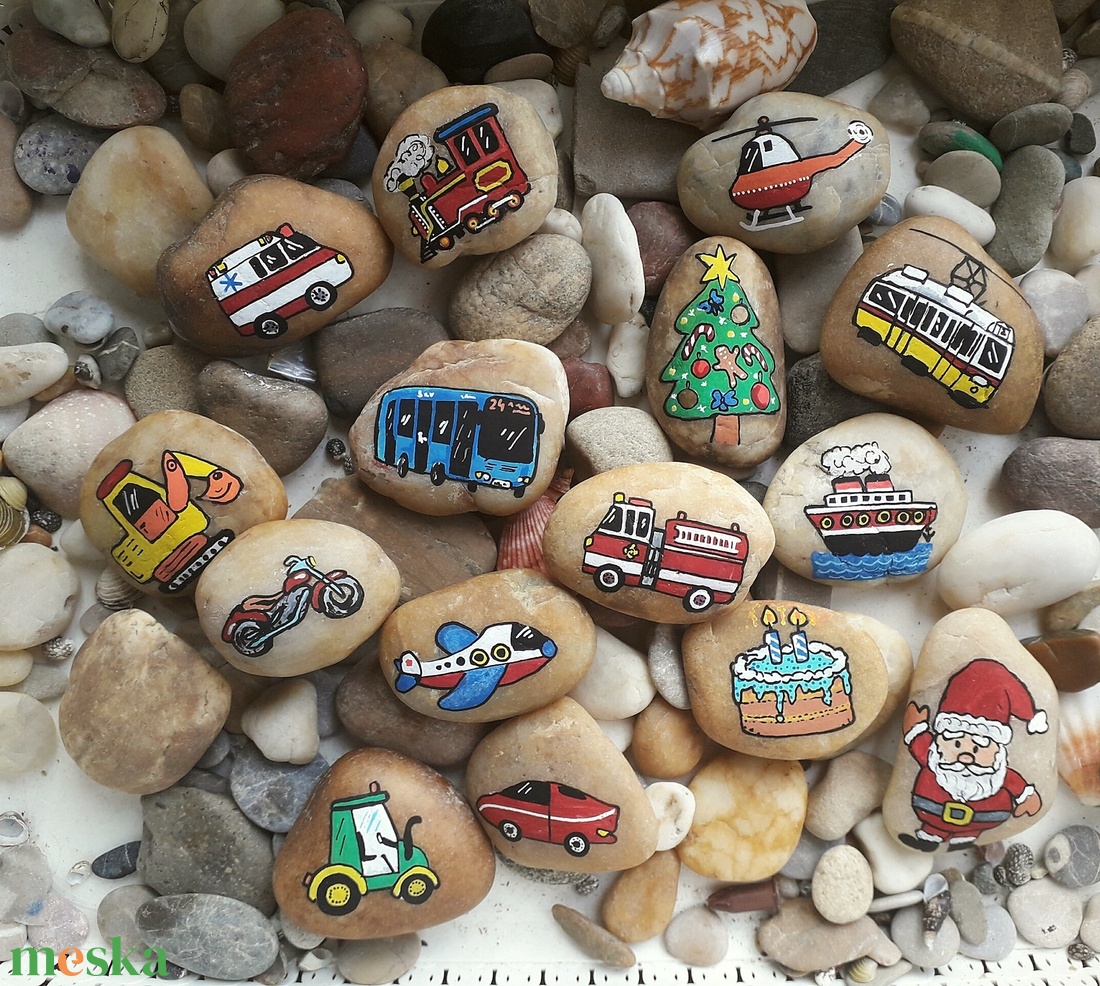 kézzel festett járművek kavicson - művészet - festmény - akril - Meska.hu