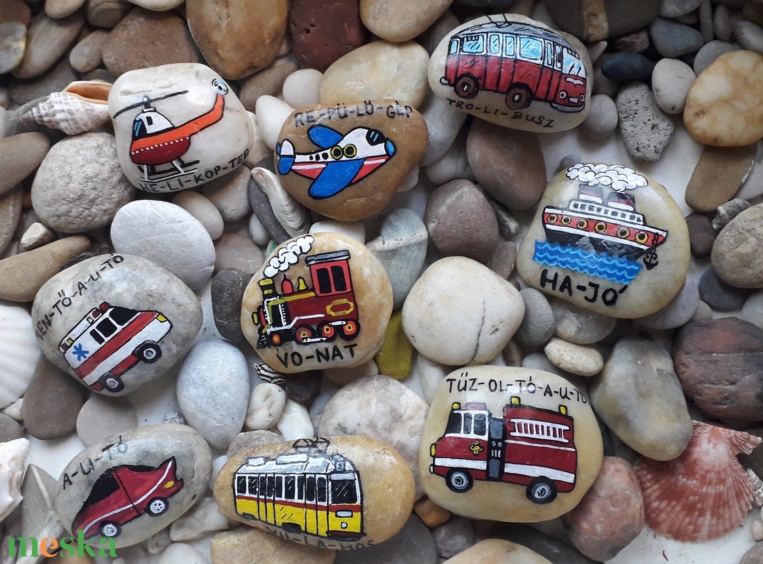 kézzel festett járművek kavicson - művészet - festmény - akril - Meska.hu