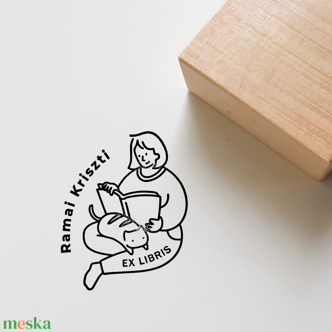 Ex libris pecsét, személyre szabható bélyegző, könyv nyomda - Olvasó lány cicával - könyv & zene - ex libris pecsét - Meska.hu