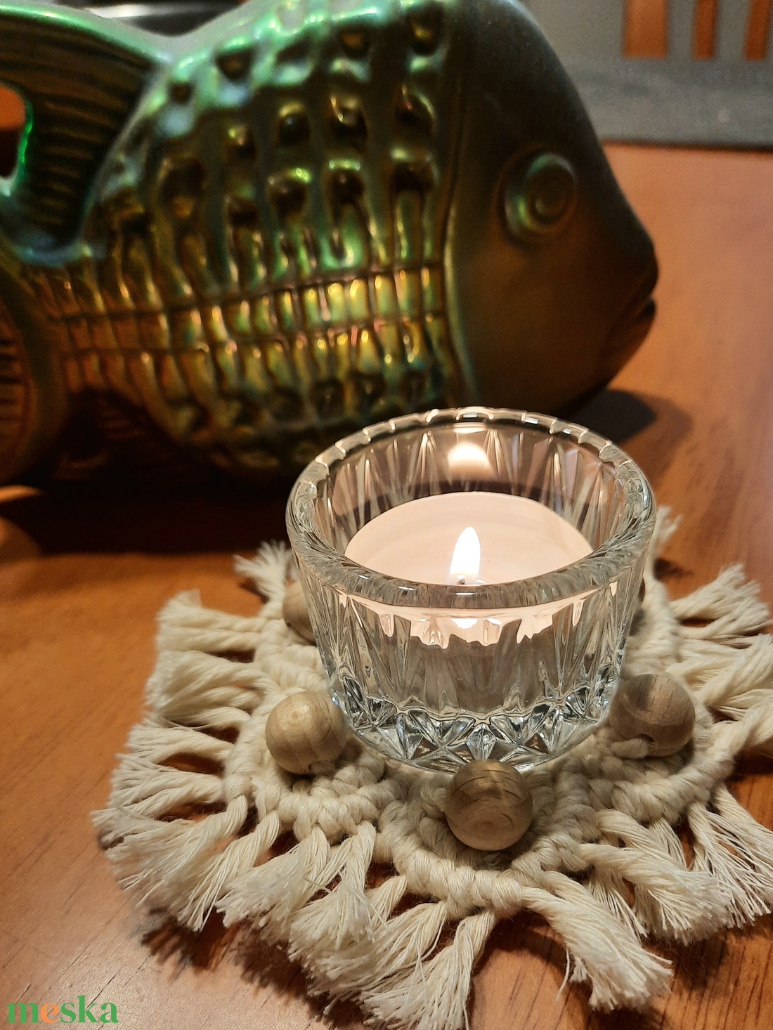 Mécsestartó makramé alátéttel - otthon & életmód - dekoráció - asztal és polc dekoráció - asztaldísz - Meska.hu