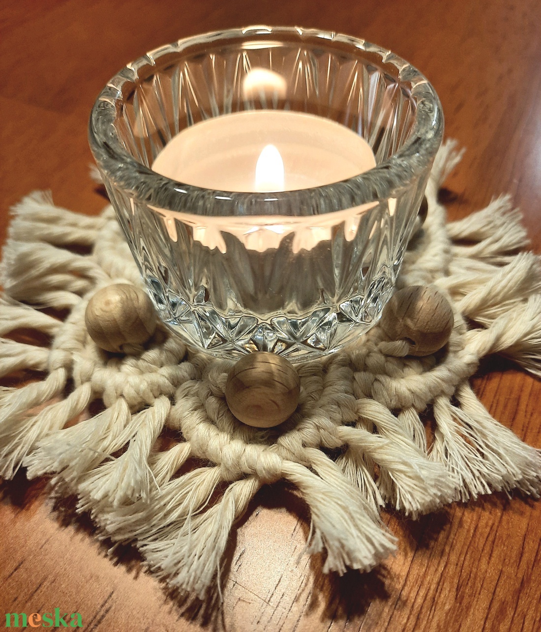 Mécsestartó makramé alátéttel - otthon & életmód - dekoráció - asztal és polc dekoráció - asztaldísz - Meska.hu