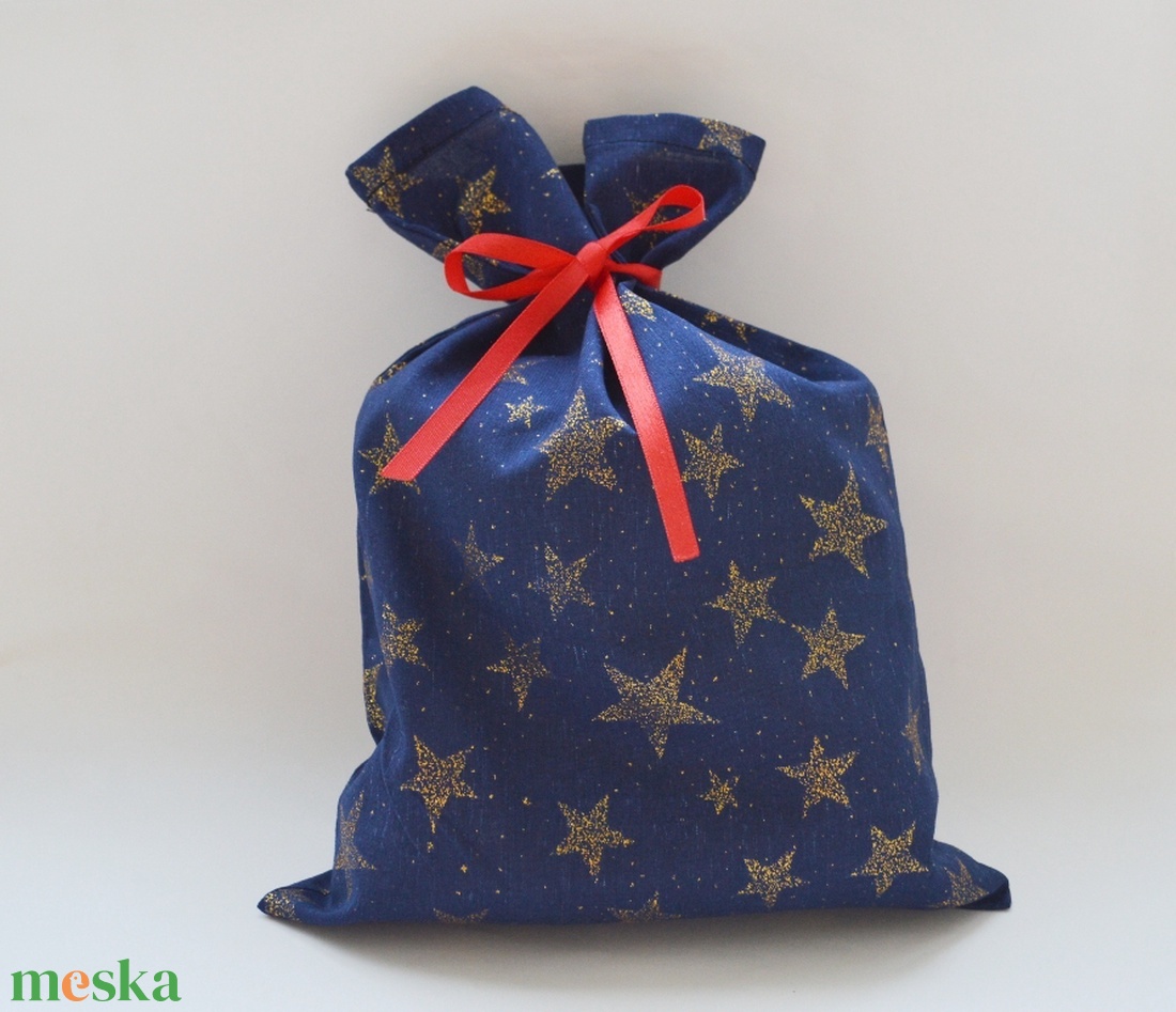 Ajándékzsák, mikulászsák, textilzsák - kék, arany csillagokkal - karácsony - mikulás - mikulás zsák - Meska.hu