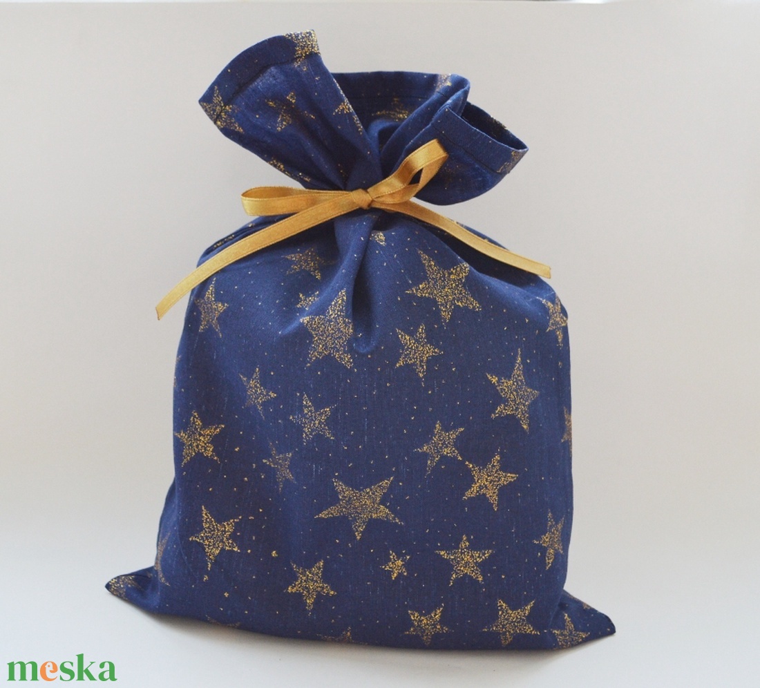 Ajándékzsák, mikulászsák, textilzsák - kék, arany csillagokkal - karácsony - mikulás - mikulás zsák - Meska.hu