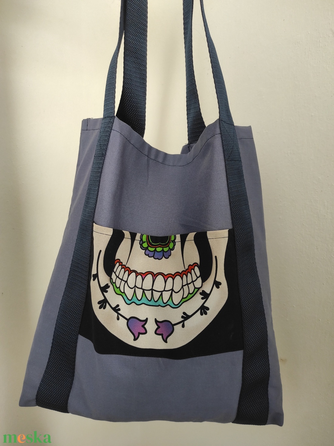 Halloween vászontáska/ candy bag: lila-kék mexikói koponyás - otthon & életmód - dekoráció - halloween - halloweeni jelmez és kiegészítők - Meska.hu