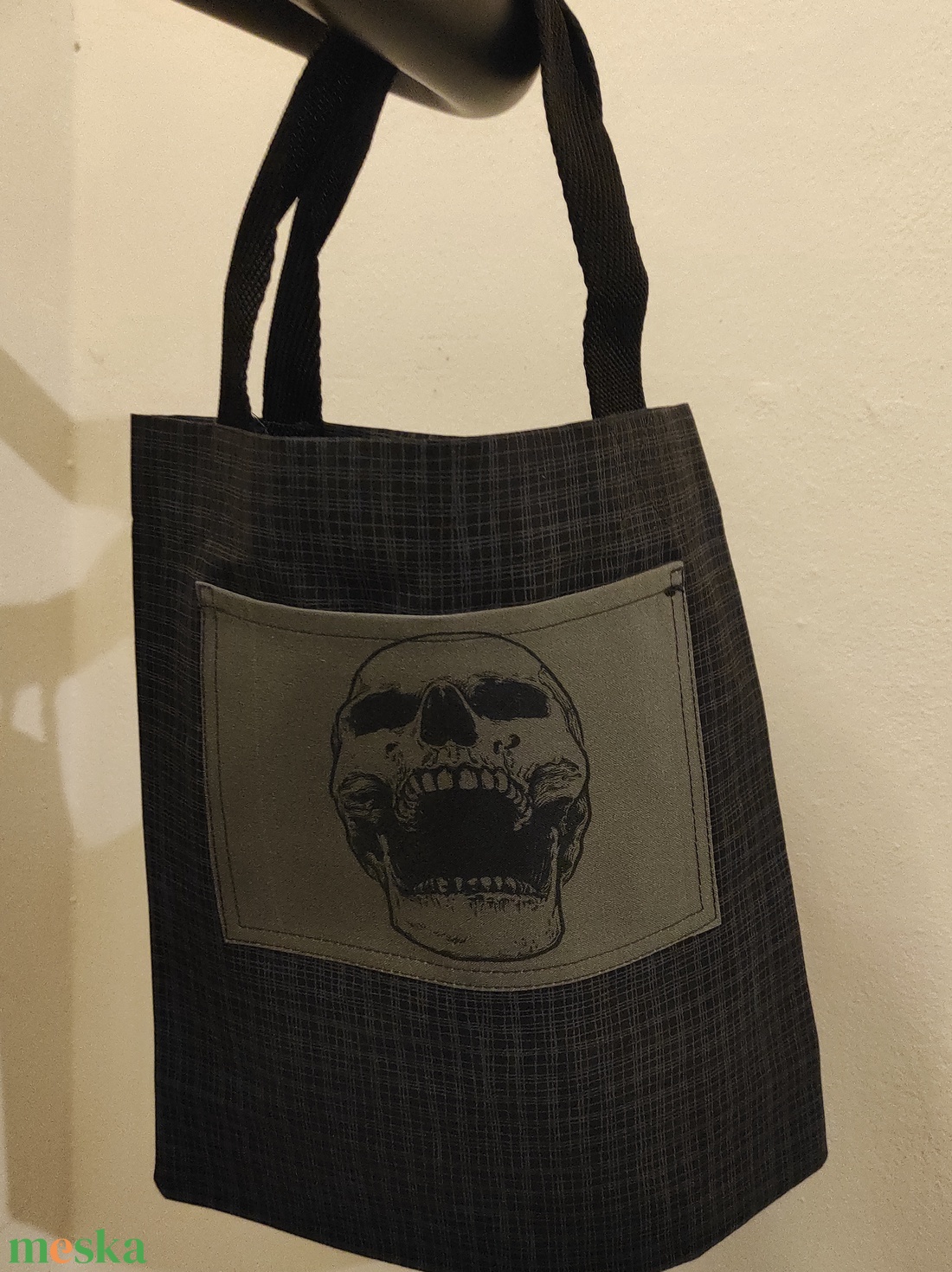 Halloween vászonszatyor/ candy bag: szürke kockás koponyás - otthon & életmód - dekoráció - halloween - halloweeni jelmez és kiegészítők - Meska.hu