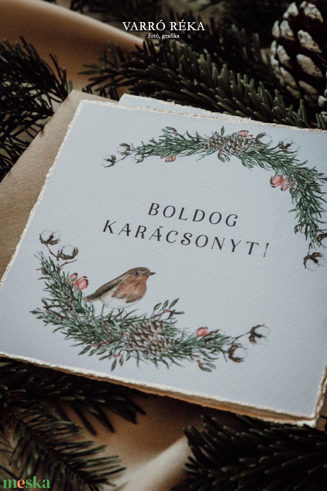 Madaras koszorús karácsonyi képeslap - színes mintával - karácsony - karácsonyi ajándékozás - karácsonyi képeslap, üdvözlőlap, ajándékkísérő - Meska.hu