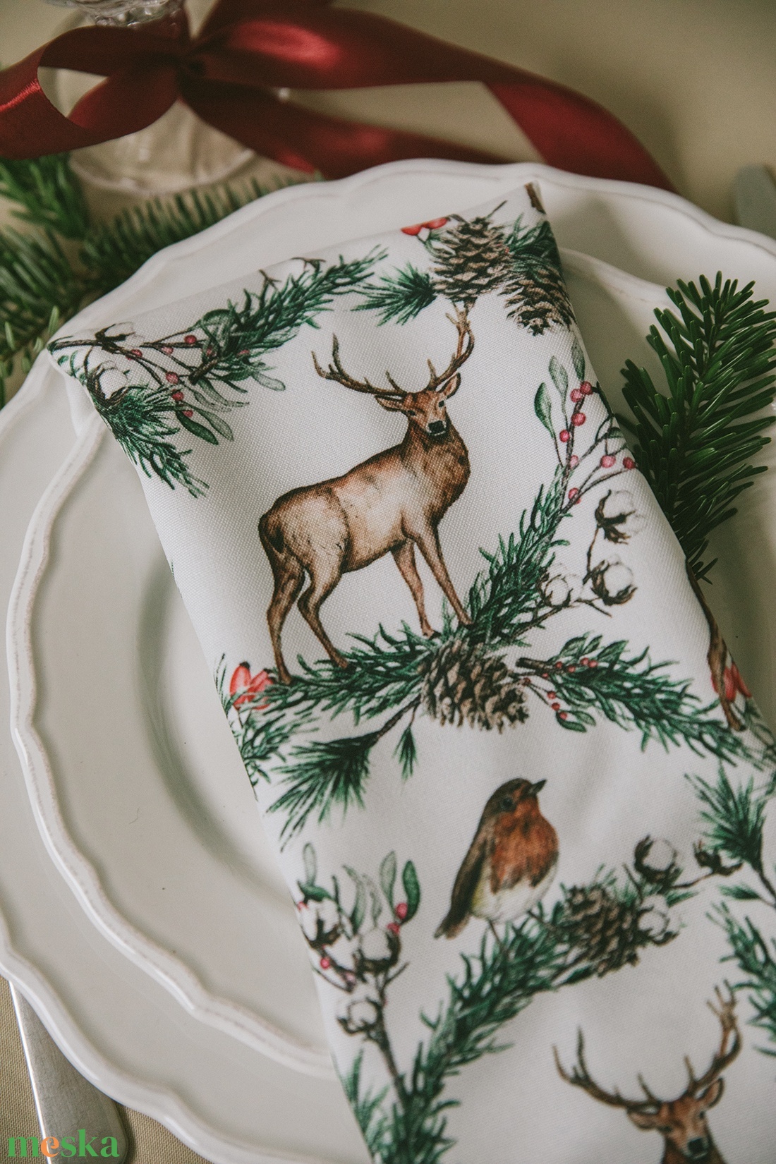Textilszalvéta  szarvas és vörösbegy  színes grafikával - otthon & életmód - konyhafelszerelés, tálalás - konyhai textil - szalvéta - Meska.hu