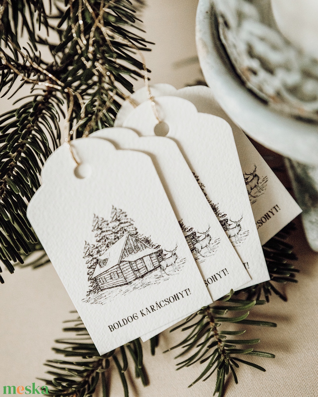 4 db-os ajándékkísérő kártya - szarvas házzal - karácsony - karácsonyi ajándékozás - karácsonyi képeslap, üdvözlőlap, ajándékkísérő - Meska.hu