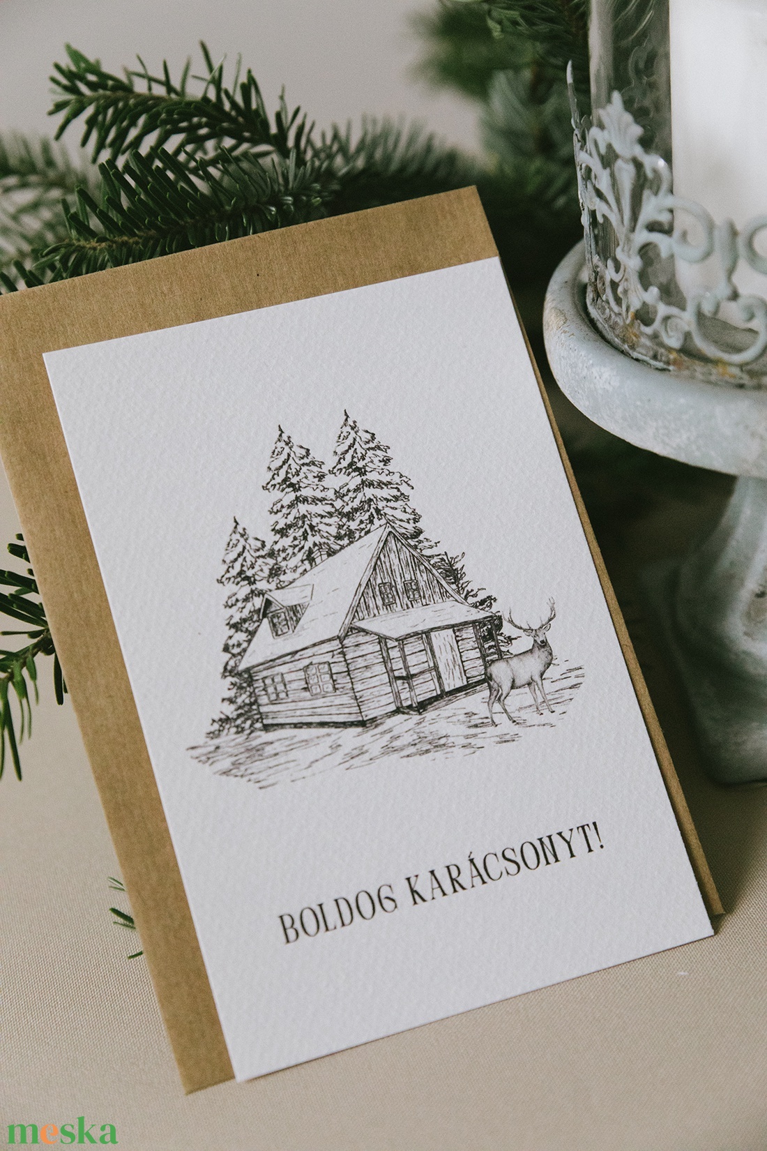 Ház szarvassal karácsonyi képeslap - karácsony - karácsonyi ajándékozás - karácsonyi képeslap, üdvözlőlap, ajándékkísérő - Meska.hu