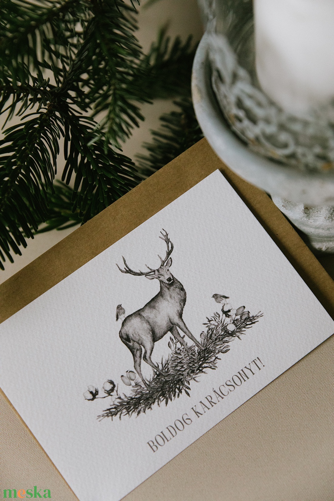 Szarvas madárral karácsonyi képeslap - szürke grafikával - karácsony - karácsonyi ajándékozás - karácsonyi képeslap, üdvözlőlap, ajándékkísérő - Meska.hu