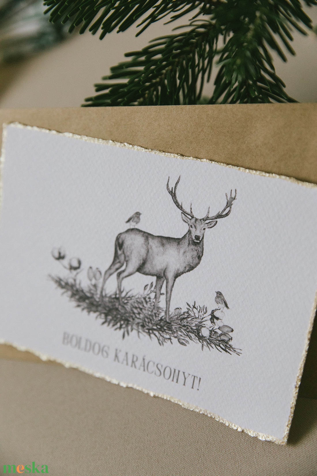 Szarvas madárral karácsonyi képeslap - szürke grafikával - karácsony - karácsonyi ajándékozás - karácsonyi képeslap, üdvözlőlap, ajándékkísérő - Meska.hu