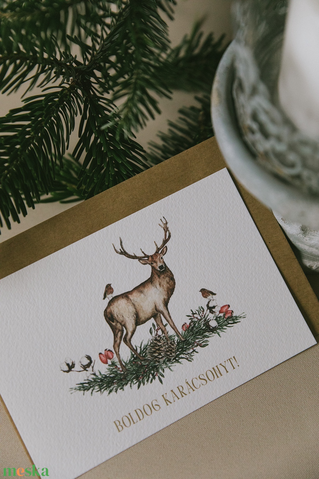 Szarvas madárral karácsonyi képeslap - színes grafikával - karácsony - karácsonyi ajándékozás - karácsonyi képeslap, üdvözlőlap, ajándékkísérő - Meska.hu