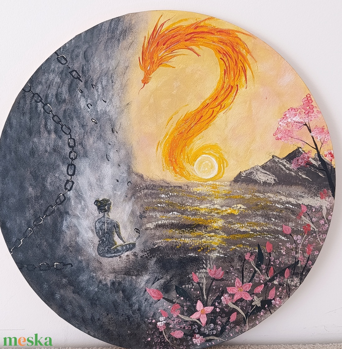 Az elengedés � 50 cm-es egyedi kerek akril festmény sárkánnyal és láncokkal - művészet - festmény - akril - Meska.hu
