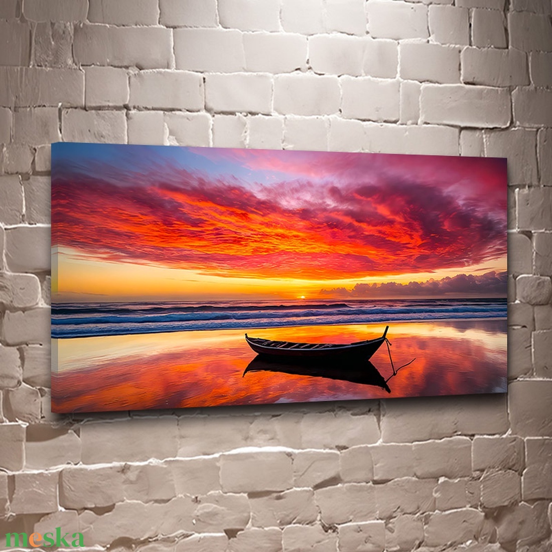 Csónak a tükröződő naplementében tájkép - vászonkép 60x34 cm - otthon & életmód - dekoráció - kép & falikép - vászonkép - Meska.hu