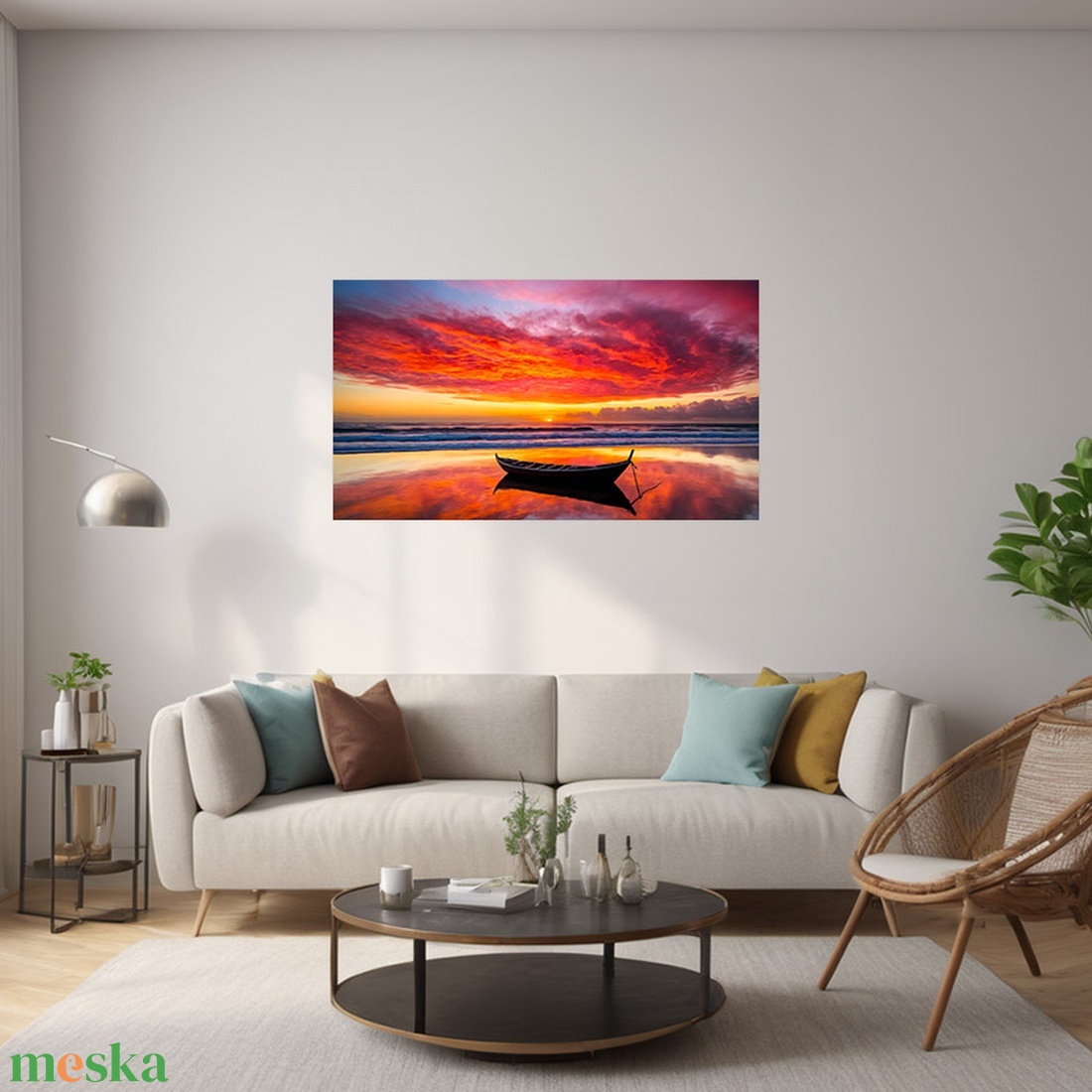 Csónak a tükröződő naplementében tájkép - vászonkép 60x34 cm - otthon & életmód - dekoráció - kép & falikép - vászonkép - Meska.hu