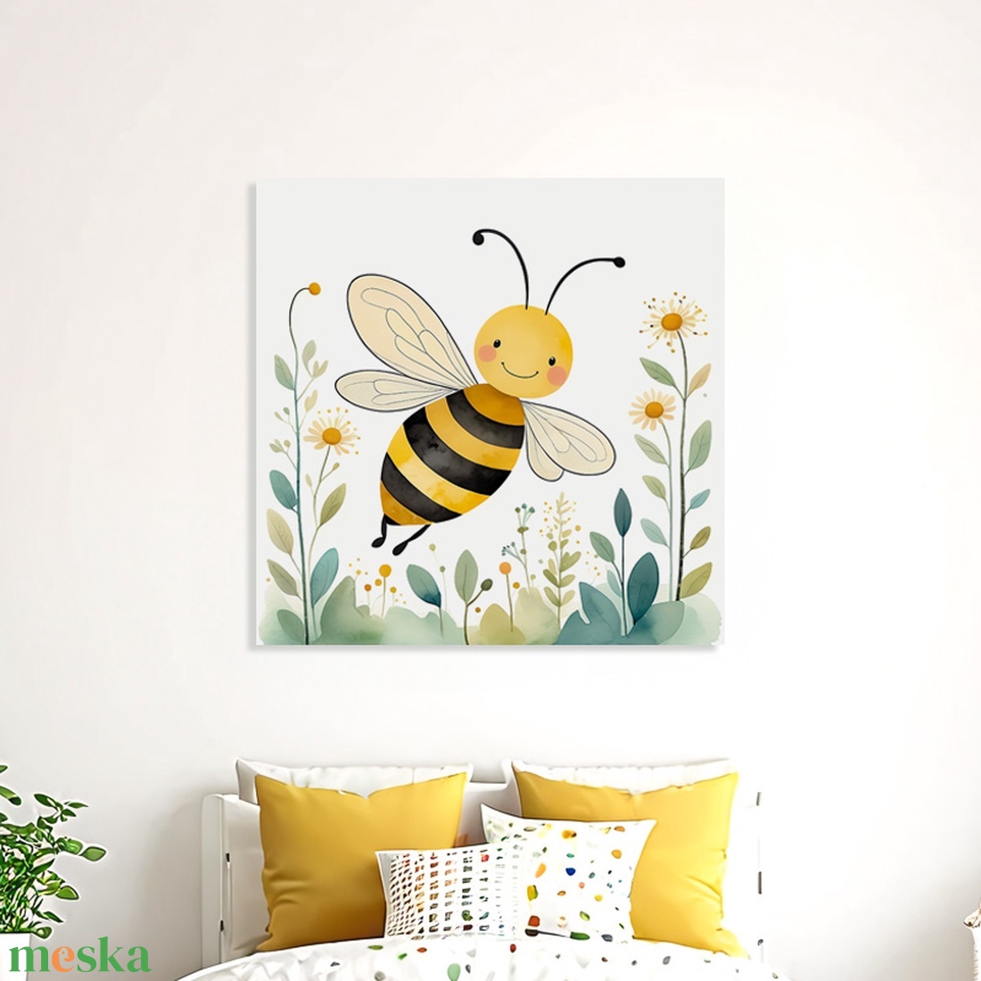 Vidám méhecske a virágok között illusztráció - vászonkép 40x40 cm - otthon & életmód - babaszoba, gyerekszoba - babaszoba kép - Meska.hu