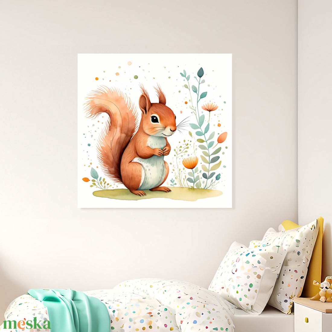 Aranyos kis mókus illusztráció - vászonkép 40x40 cm - otthon & életmód - babaszoba, gyerekszoba - babaszoba kép - Meska.hu